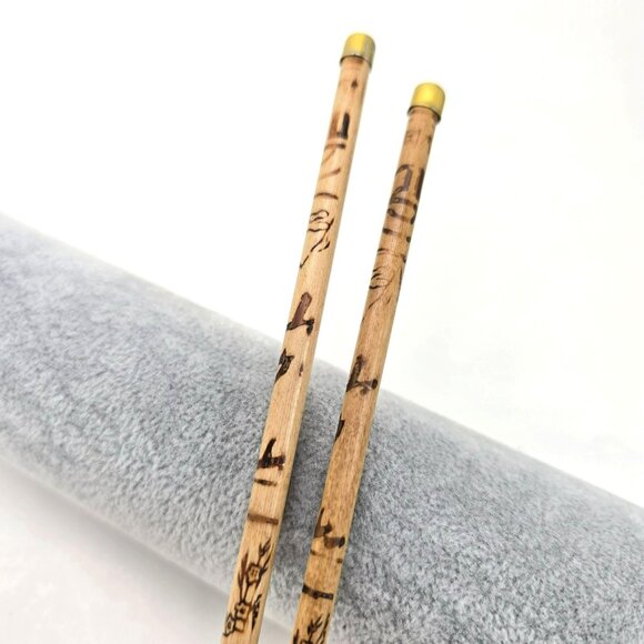 Vintage Wooden Chopsticks or Brush with Brass Tips and Intricate Patterns je182 - Picture 2 of 5